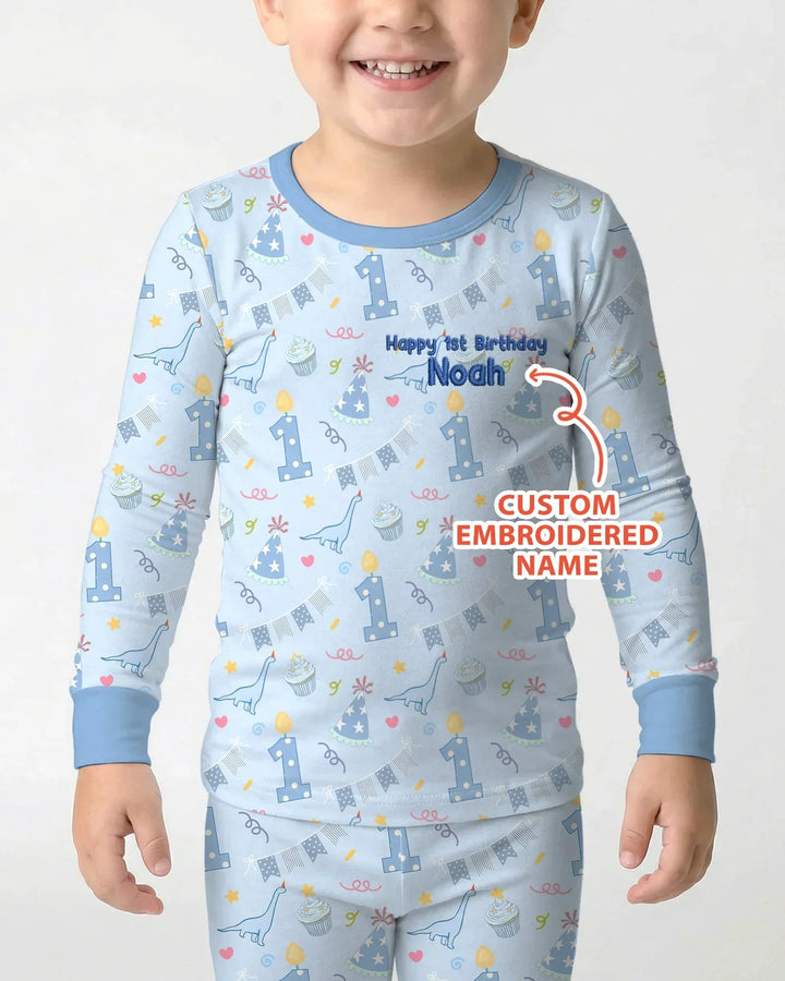 Conjunto de pijama de dos piezas de bambú bordado de manga larga para bebé con personalización de 1er cumpleaños para niño