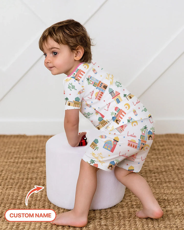 Eid Mubarak Custom Name Two Piece Short Sleeve Shorts Pajama Set