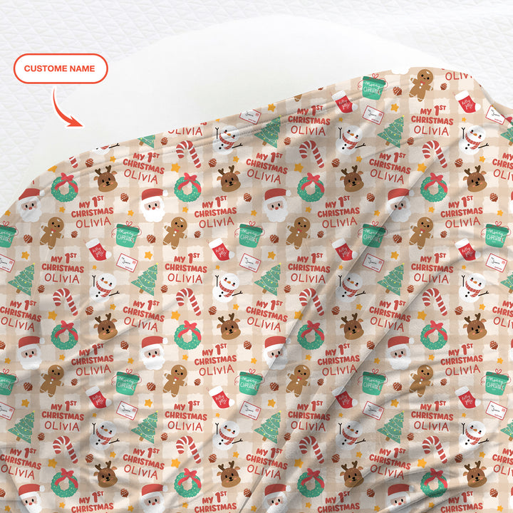 Custom Name My First Christmas Mocha Gingham Swaddle Blanket