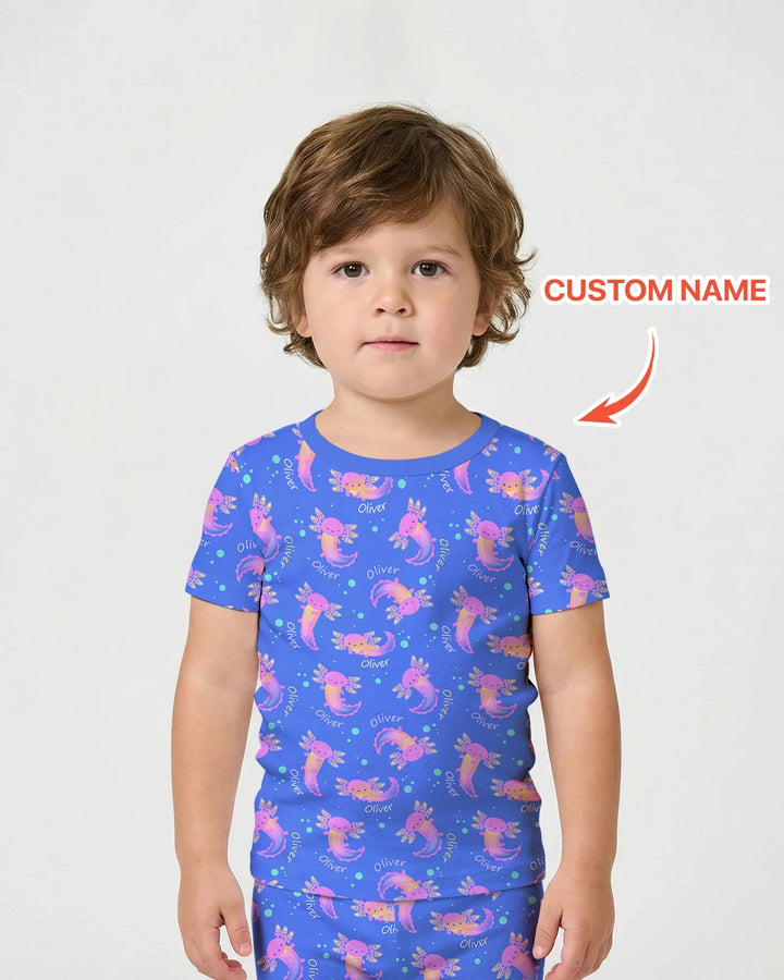 Conjunto de pijama de dos piezas de bambú con nombre personalizado de Axolote que brilla en la oscuridad, de manga corta y pantalón corto