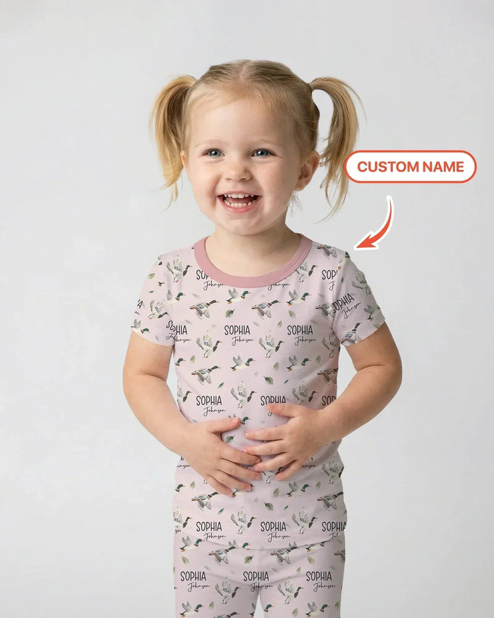 Custom Name Mallard Duck Bamboo Two Piece Short Sleeve Pajama Set