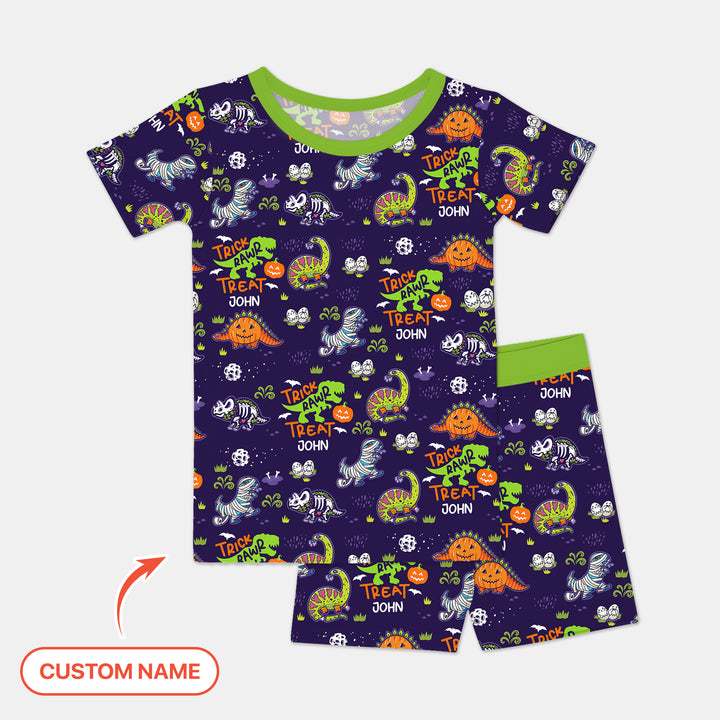 Trick Rawr Treat Custom Name Two Piece Short Sleeve Shorts Pajama Set