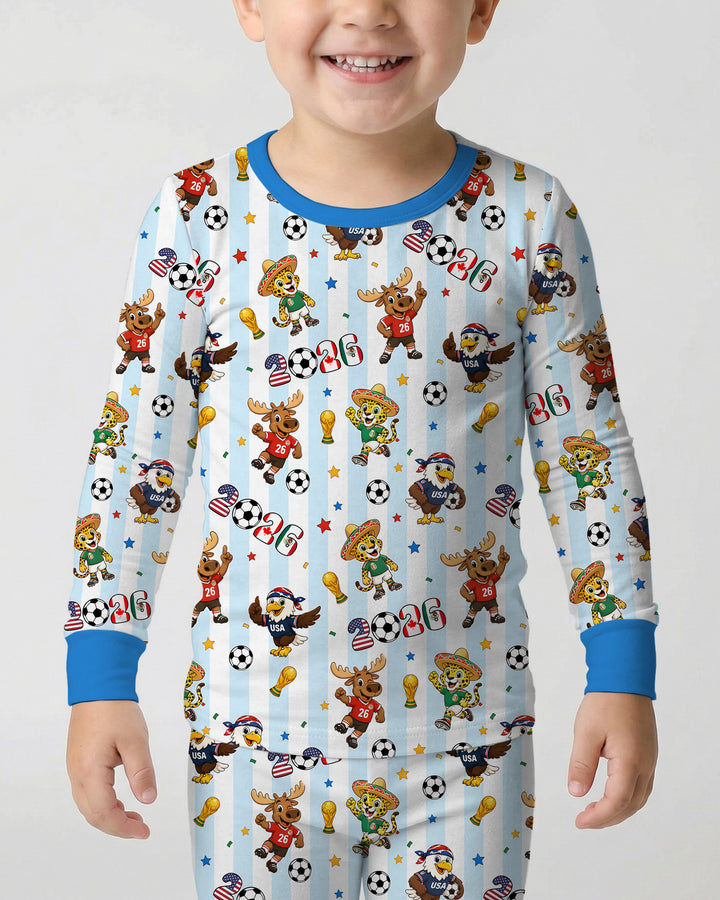 Striped Cute Mascots Soccer Cup 2026 Bamboo Two Piece Long Sleeve Pajama Set