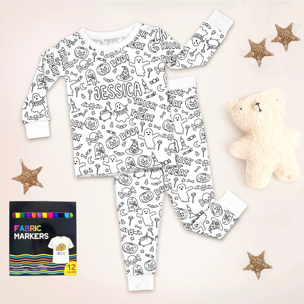 Custom Name Colorable Halloween Trick or Treat Two Piece Long Sleeve Pajama Set , Custom Name Colorable Halloween Trick or Treat Two Piece Long Sleeve Pajama Set - 3T