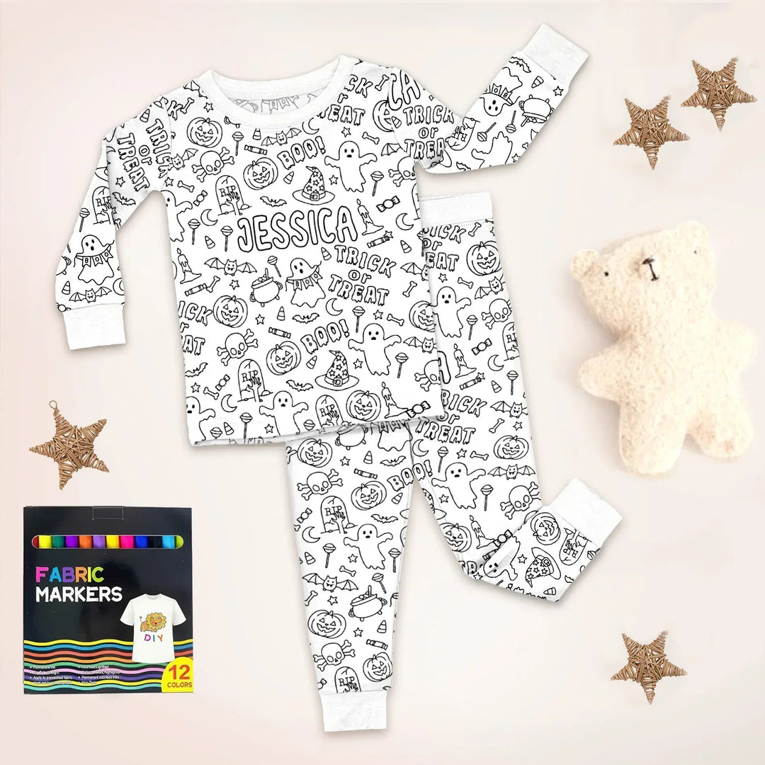 Custom Name Colorable Halloween Trick or Treat Two Piece Long Sleeve Pajama Set , Custom Name Colorable Halloween Trick or Treat Two Piece Long Sleeve Pajama Set - 3T