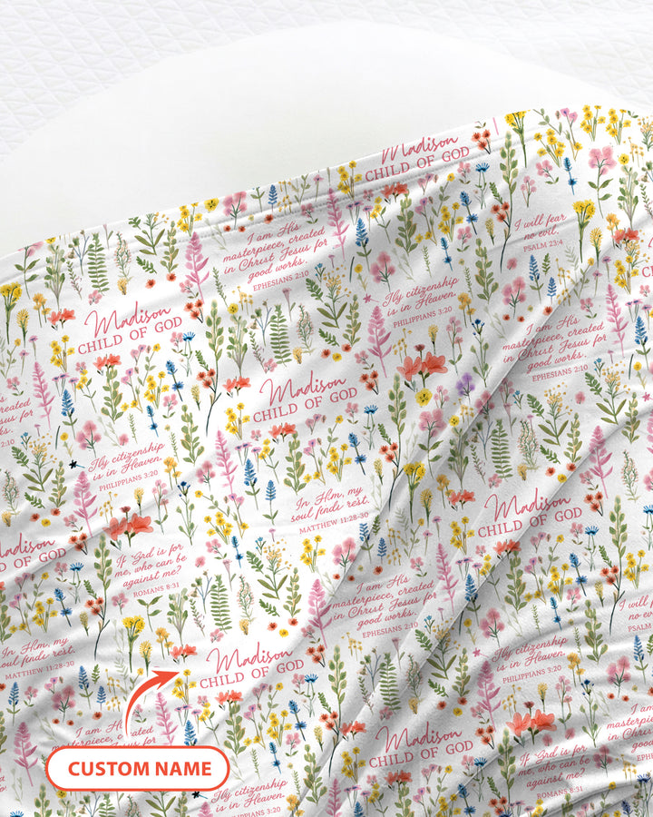 Custom Name Child of God Flower Garden swaddle blanket
