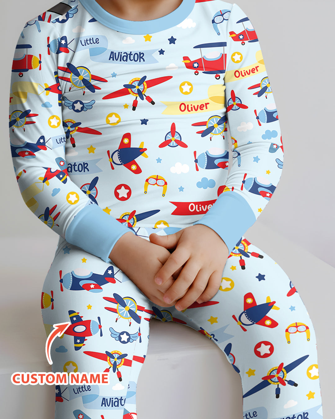 Our Little Aviator Custom Name Bamboo Two Piece Long Sleeve Pajama Set