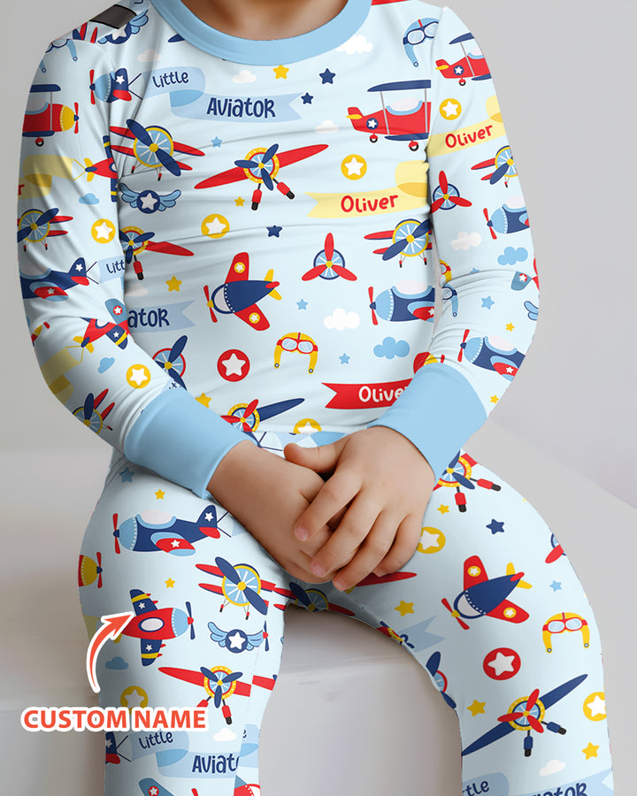 Our Little Aviator Custom Name Bamboo Two Piece Long Sleeve Pajama Set