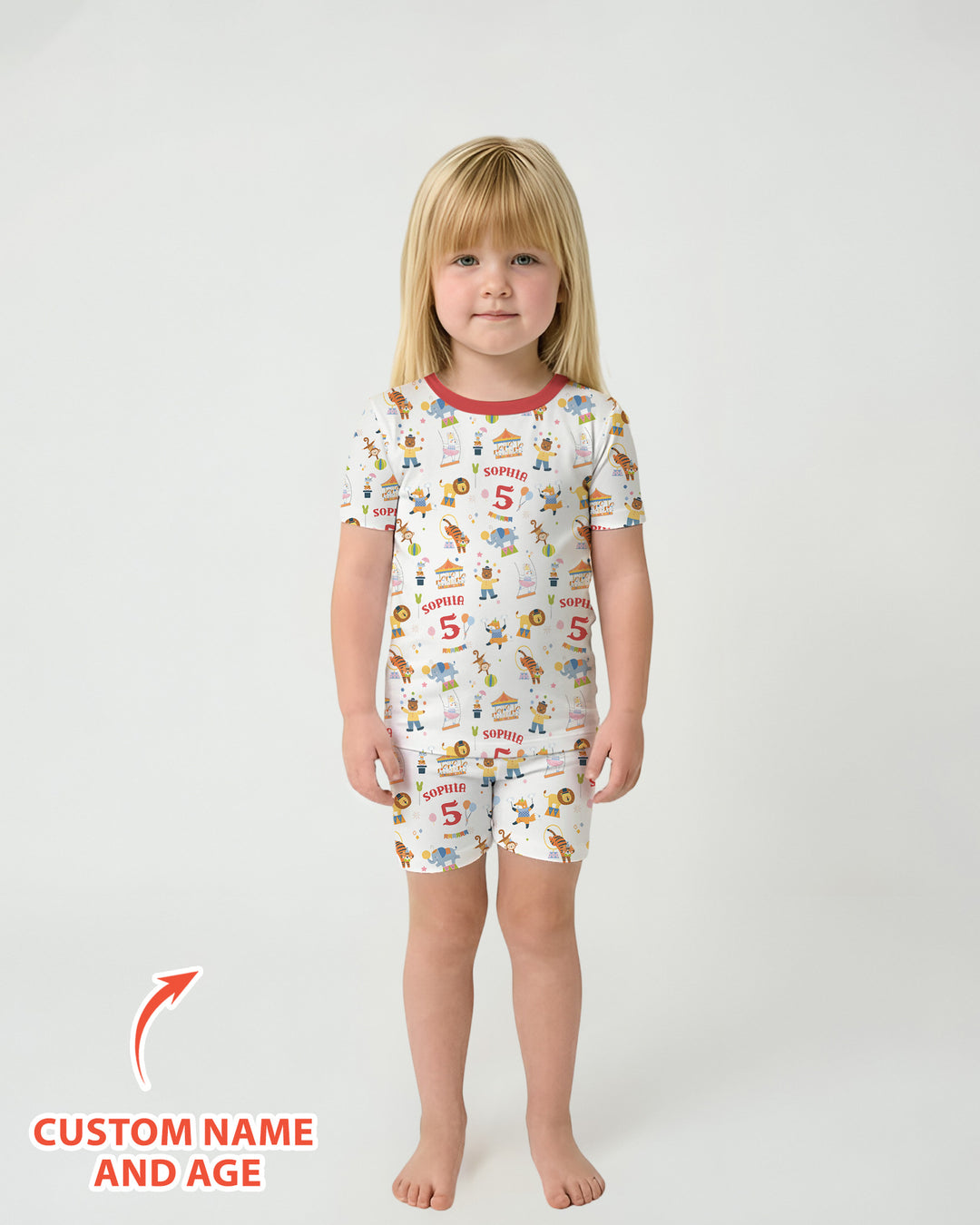 Custom Name Birthday Circus Bamboo Two Piece Short Sleeve Shorts Pajama Set