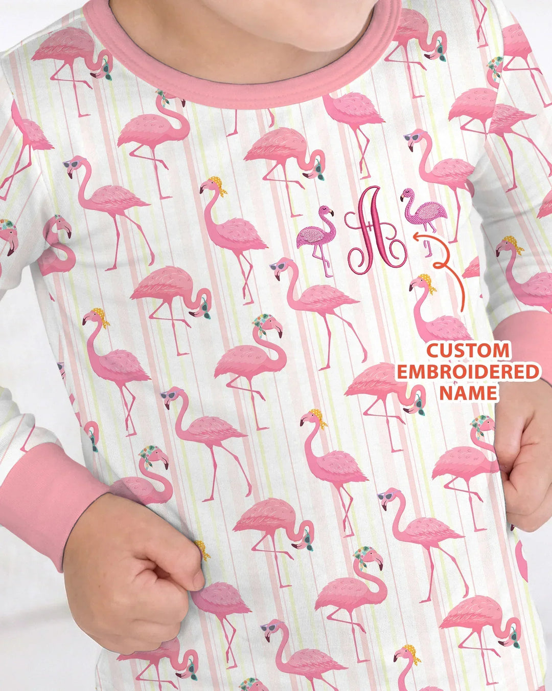 Custom Name Embroidered Flamingo Bamboo Two Piece Long Sleeve Pajama Set