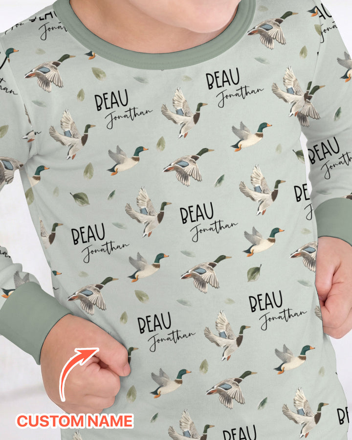 Custom Name Mallard Duck Two Piece Long Sleeve Pajama Set