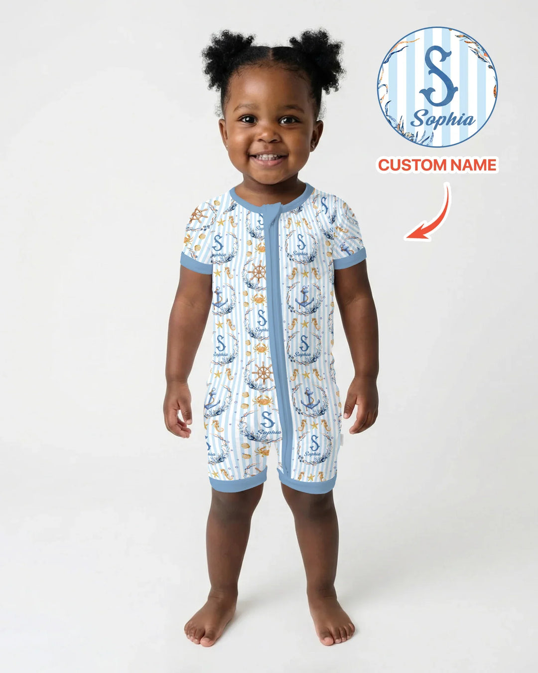 Bon Voyage - Pijama corto de bambú con cremallera y nombre personalizado