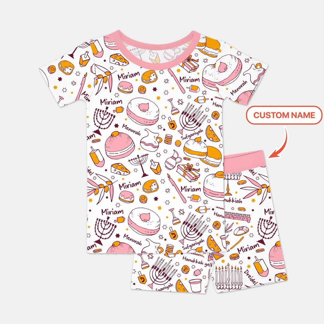Happy Hanukkah Doodles Custom Name Family Matching Two Piece Short Sleeve Shorts Pajama Set