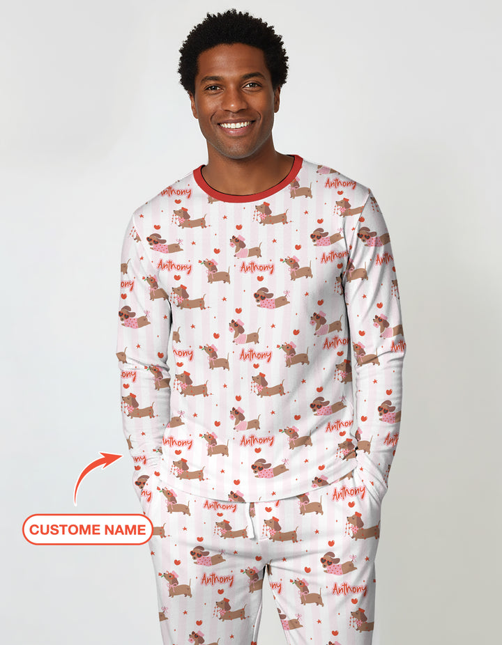 Custom Name Valentine Dachshund Family Matching Men's Pajama Set