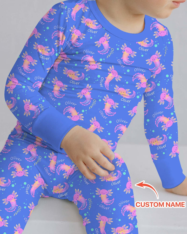 Pijama de dos piezas de manga larga de bambú con nombre personalizado y diseño de ajolote que brilla en la oscuridad