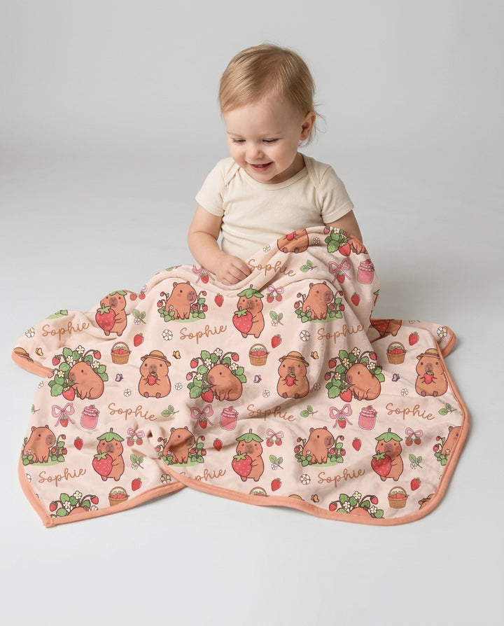 Custom Name Capybara Strawberry Bamboo Blanket