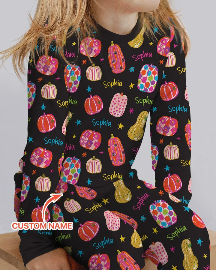 Custom Name Colorful Pumpkin Bamboo Two Piece Long Sleeve Pajama Set