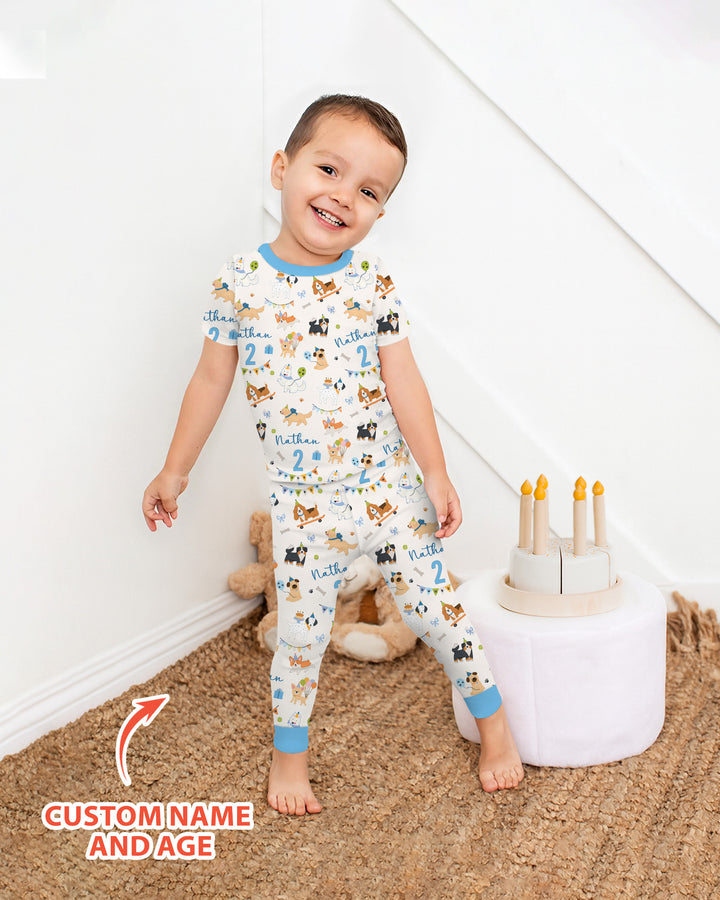 Custom Name Birthday Dogs Party Bamboo Two Piece Short Sleeve Pajama Set