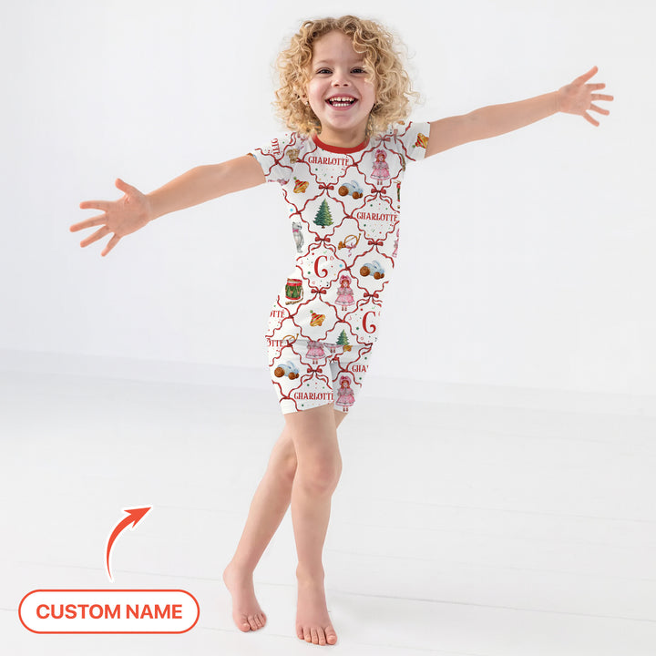 Vintage Christmas Toy Custom Name Girl Two Piece Short Sleeve Shorts Pajama Set , Vintage Christmas Toy Custom Name Girl Two Piece Short Sleeve Shorts Pajama Set - 12-18M