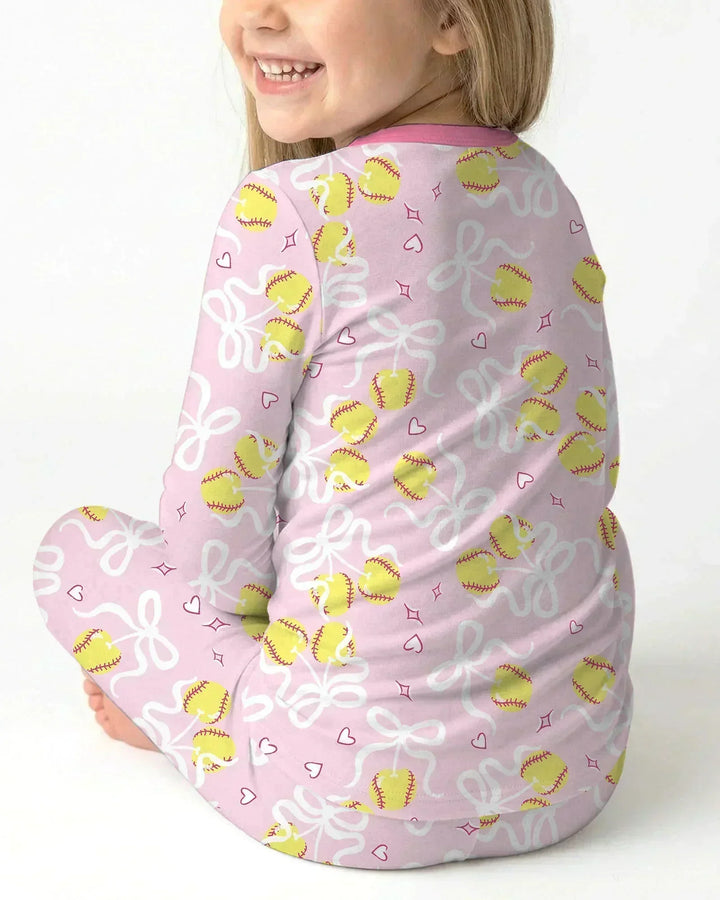 Softball Cherry Mom And Girl Matching Two Piece Long Sleeve Pajama Set