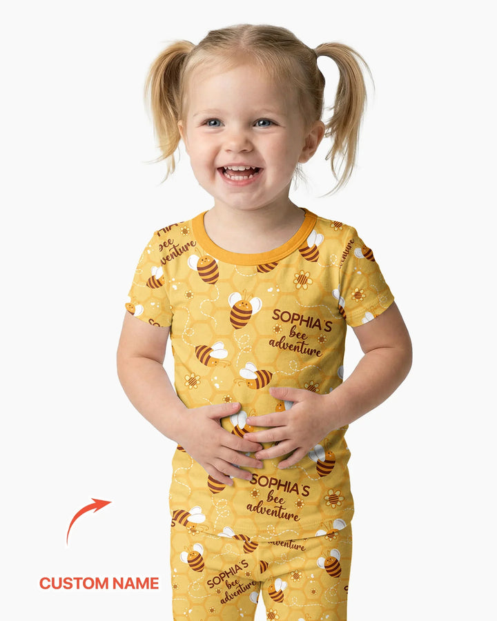 Custom Name Bee Back To School Bamboo Two Piece Short Sleeve Pajama Set