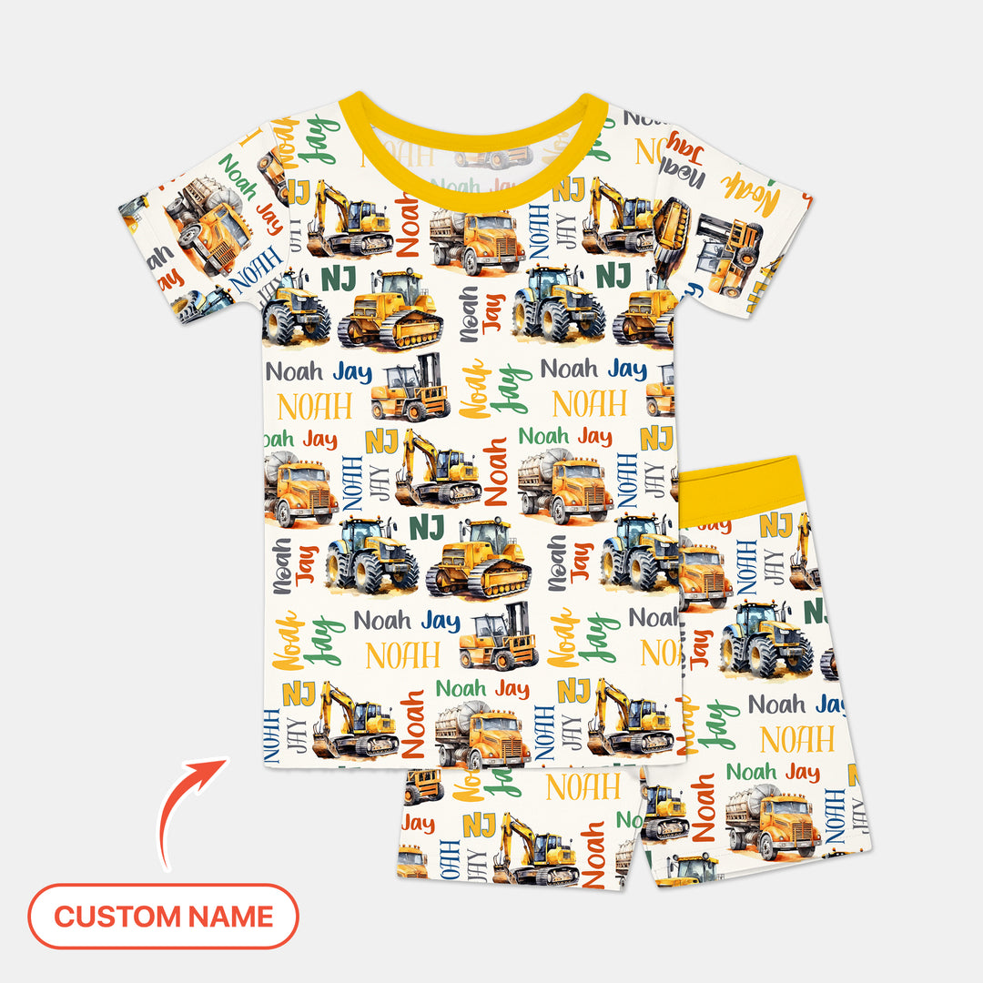 Custom Name Construction Trucks Two Piece Short Sleeve Shorts Pajama Set