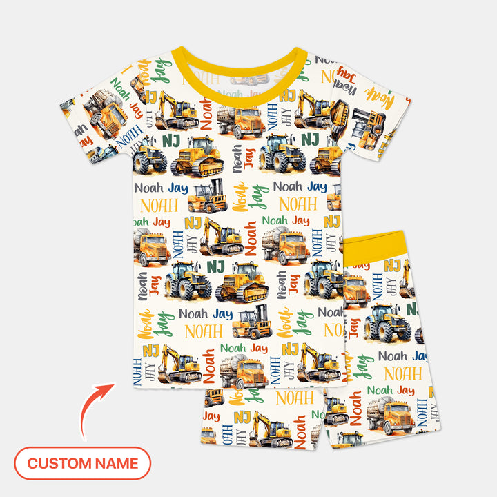 Custom Name Construction Trucks Two Piece Short Sleeve Shorts Pajama Set