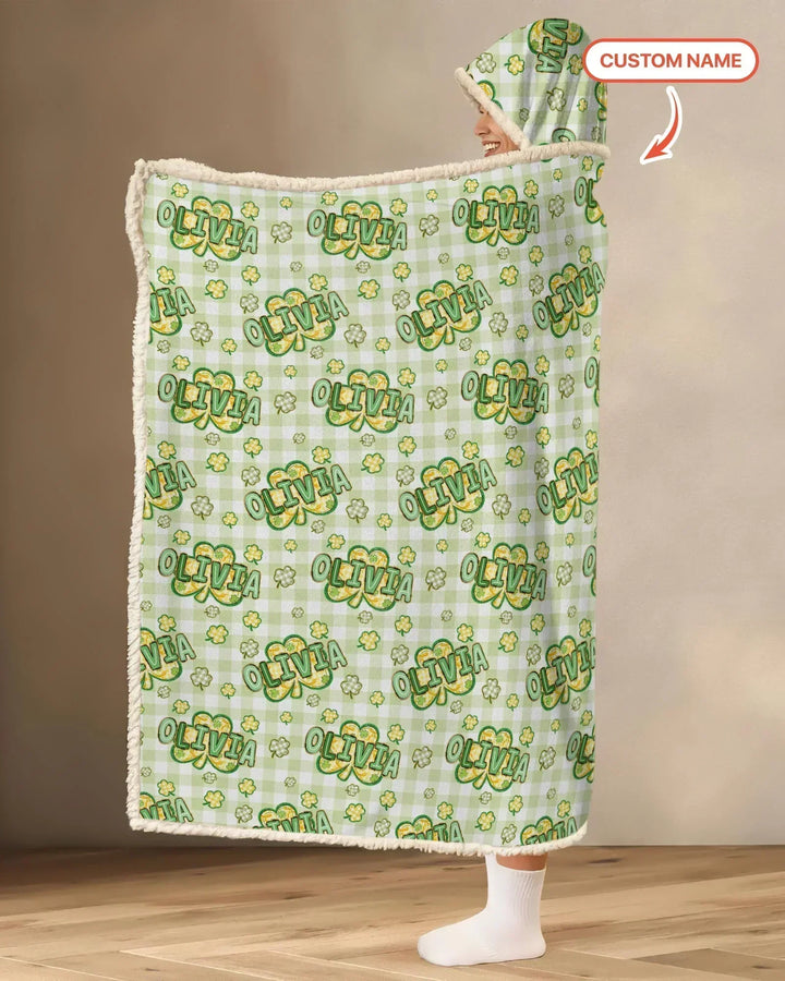 Lucky Shamrock Custom Name Wearable Hooded Blanket