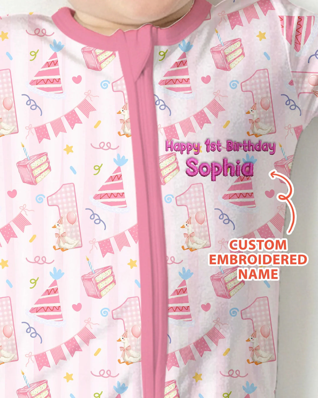 1st Birthday Girl Embroidered Baby Bamboo Convertible Zippy