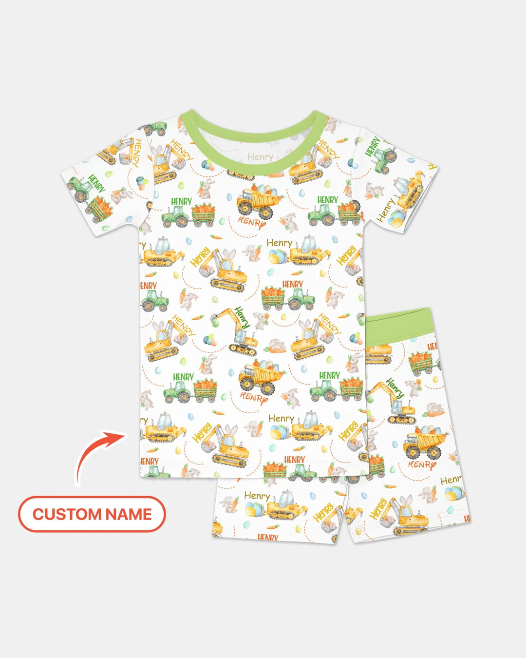 Easter Construction Vehicles Custom Name Two Piece Short Sleeve Shorts Pajama Set