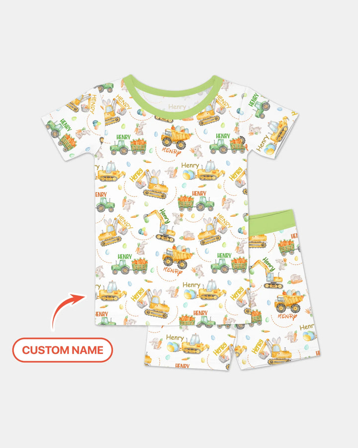 Easter Construction Vehicles Custom Name Two Piece Short Sleeve Shorts Pajama Set