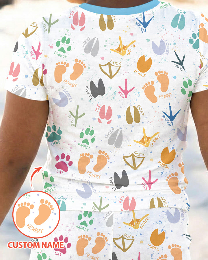 Cute Farm Animal Tracks Custom Name Bamboo Two Piece Short Sleeve Pajama Set