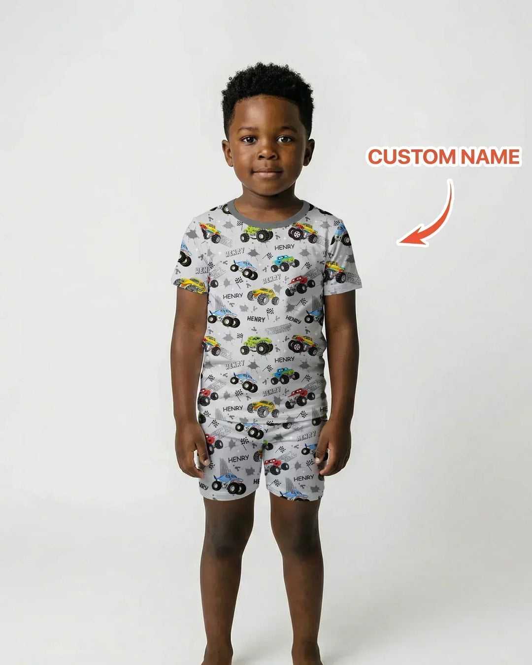 Monster Truck Dirt Jam Custom Name Daddy & Me Matching Two Piece Short Sleeve Shorts Pajama Set