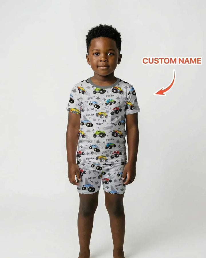 Monster Truck Dirt Jam Custom Name Daddy & Me Matching Two Piece Short Sleeve Shorts Pajama Set