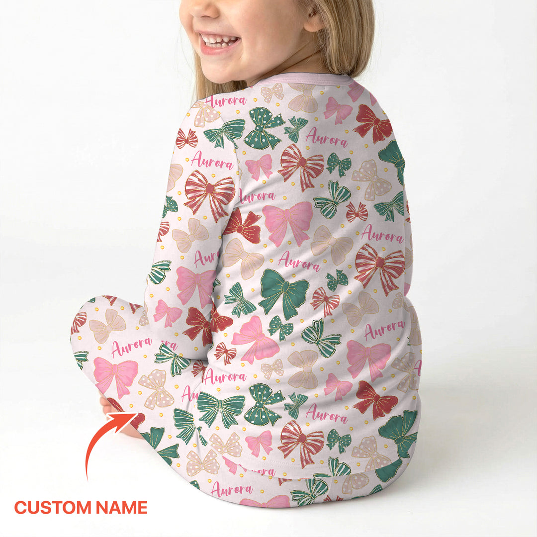 Custom Name Preppy Coquette Bows Two Piece Long Sleeve Pajama Set