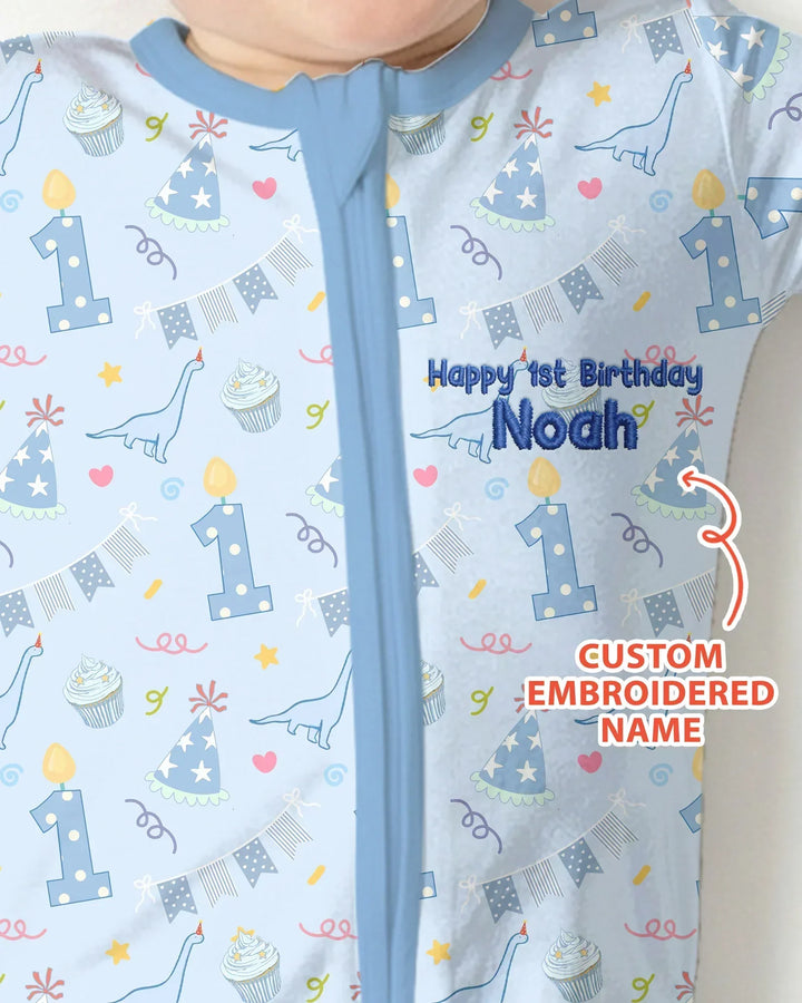 Personalized 1st Birthday Boy Embroidered Baby Bamboo Convertible Zippy