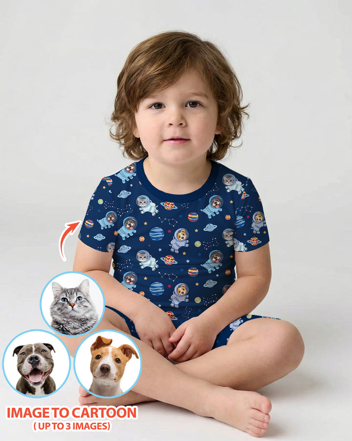 Astronaut Custom Pet Image Family Matching Bamboo Two Piece Short Sleeve Shorts Pajama Set