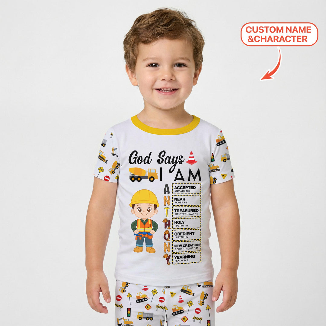 Custom Name God Says I Am Little Builder Letter in Bible Two Piece Short Sleeve Pajama Set
