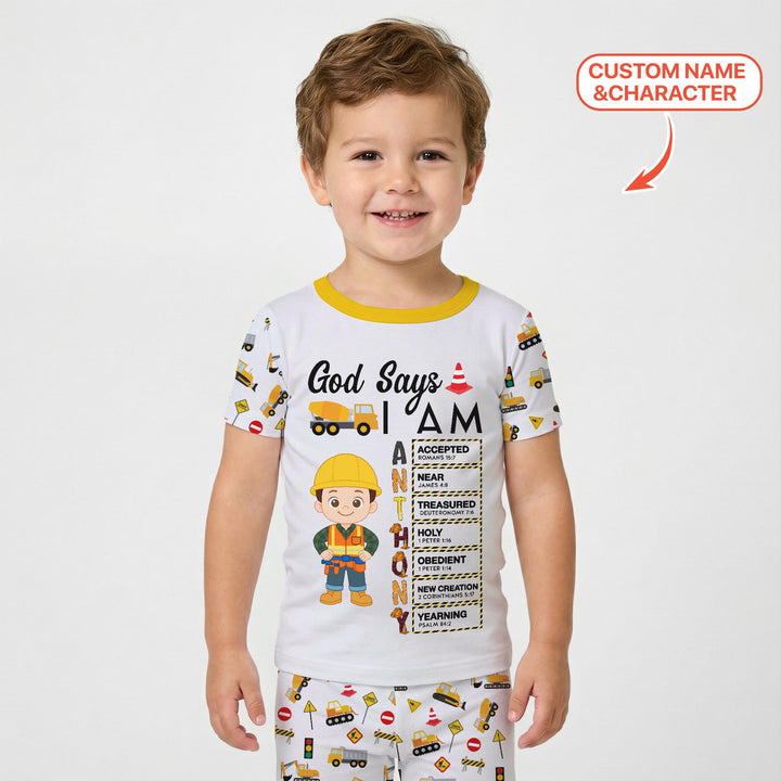 Custom Name God Says I Am Little Builder Letter in Bible Two Piece Short Sleeve Pajama Set