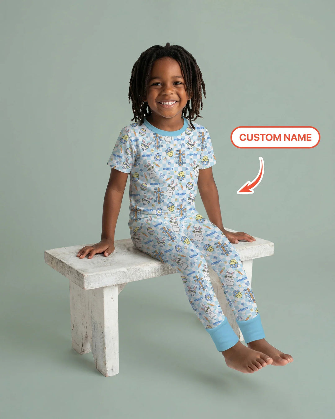 Custom Name Retro Easter Two Piece Short Sleeve Pajama Set