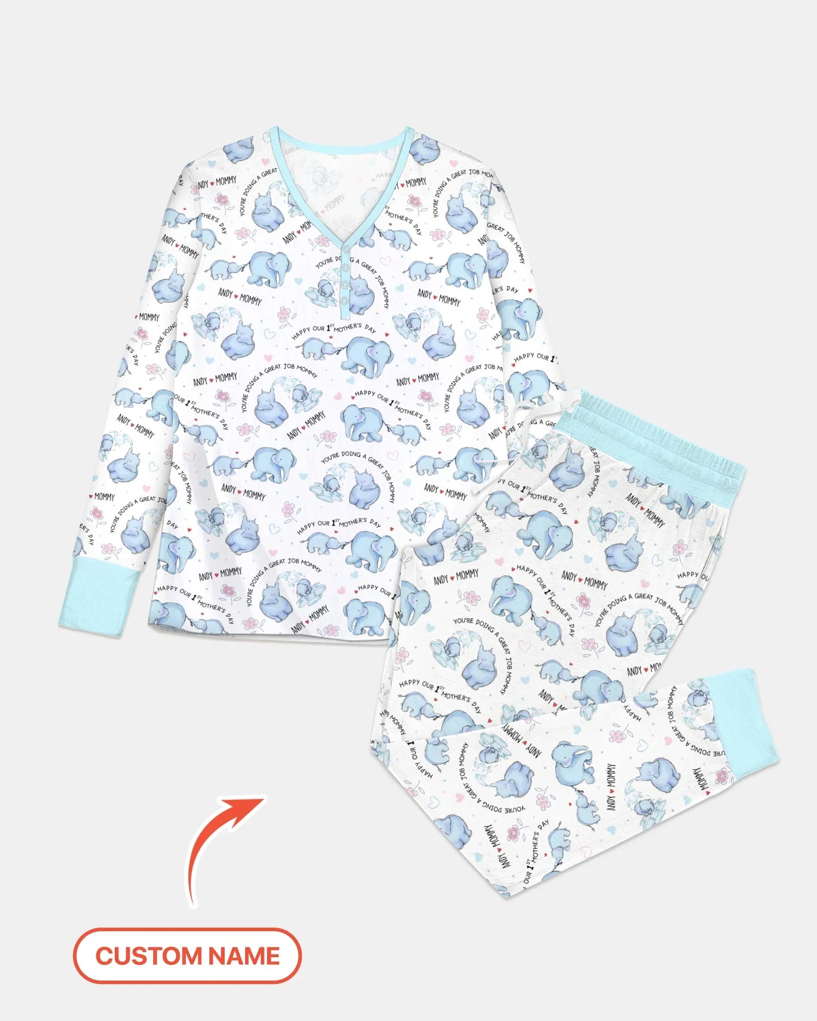 Custom Name Mother & Baby Elephant Women Pajama Set