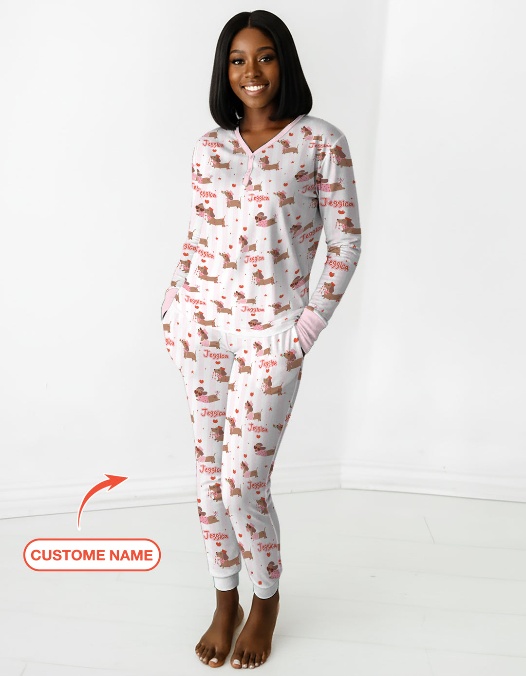 Custom Name Valentine Dachshund Family Matching Women Pajama Set For Christmas