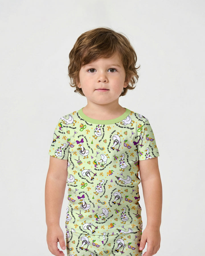 Mardi Gras Silly Goose Two Piece Short Sleeve Shorts Pajama Set