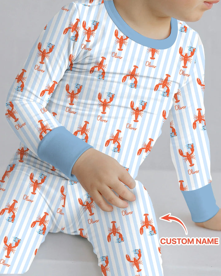Conjunto de pijama de dos piezas de bambú de manga larga con nombre personalizado, diseño de cerveza y cangrejo de río