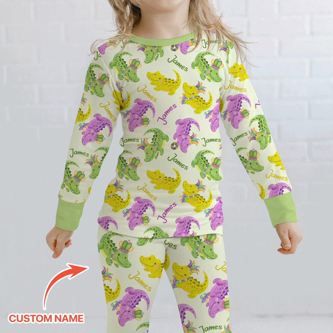 Custom Name Mardi Gras Alligator Two Piece Long Sleeve Pajama Set