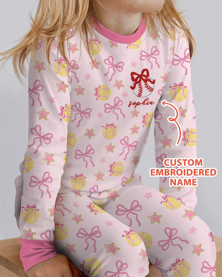Custom Embroidered Softball Bow Baby Bamboo Two Piece Long Sleeve Pajama Set
