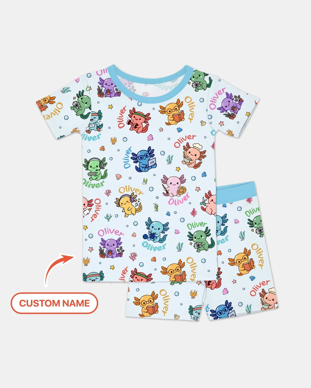 Custom Name Cute Hobby Axolotl Two Piece Short Sleeve Shorts Pajama Set