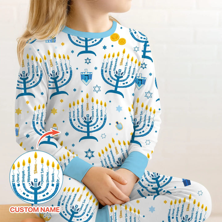 Hanukkah Custom Name Two Piece Long Sleeve Pajama Set