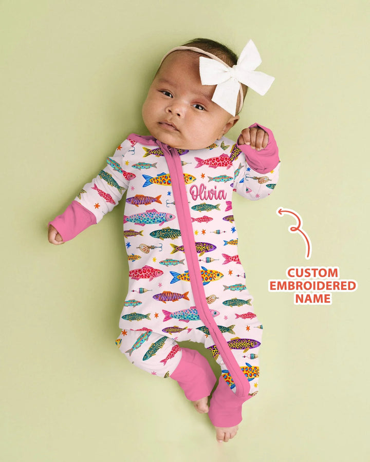 Custom Name Embroidered Colorful Fish Bamboo Convertible Zippy