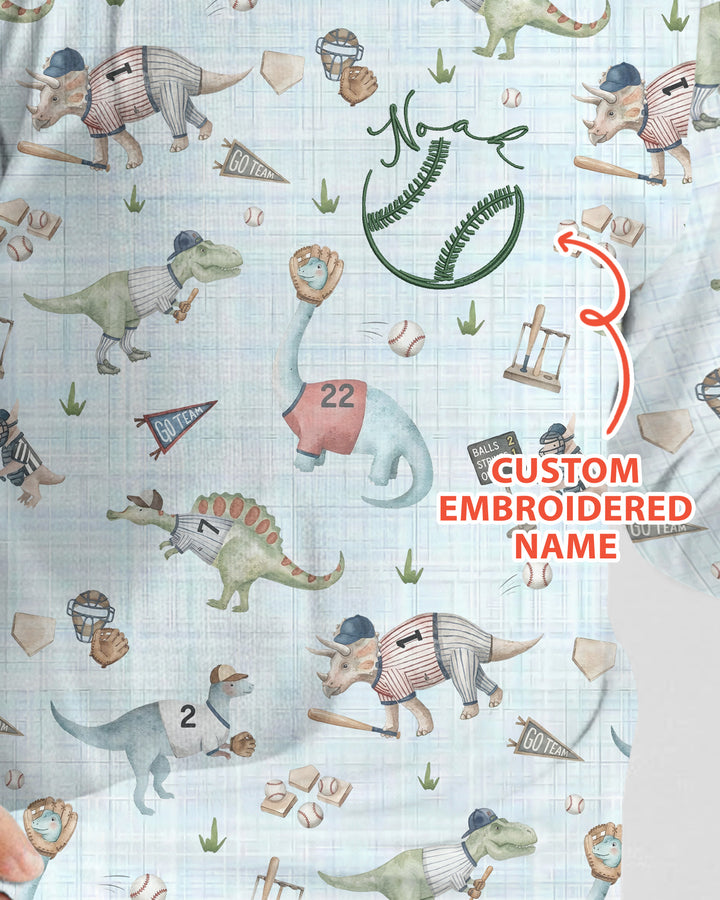 Custom Embroidered Dinosaurs Baseball  Bamboo Two Piece Long Sleeve Pajama Set